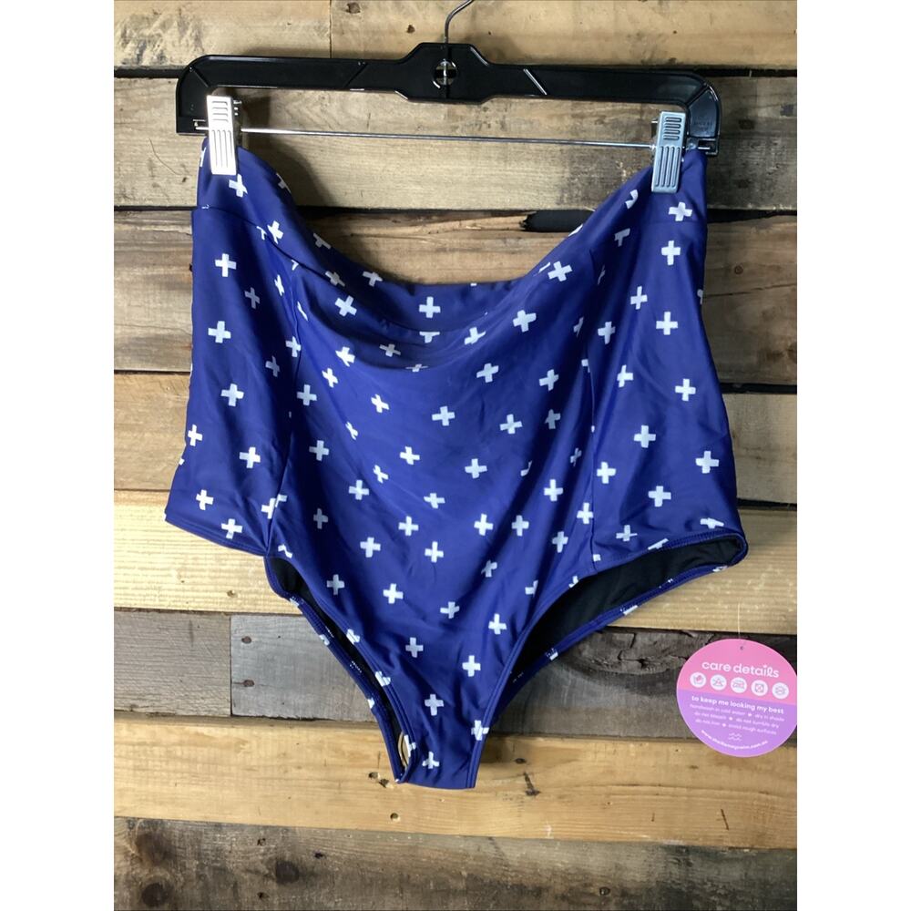 High-Waist Blue Swim Bottoms with White Cross Print- Sheila May AU 18
